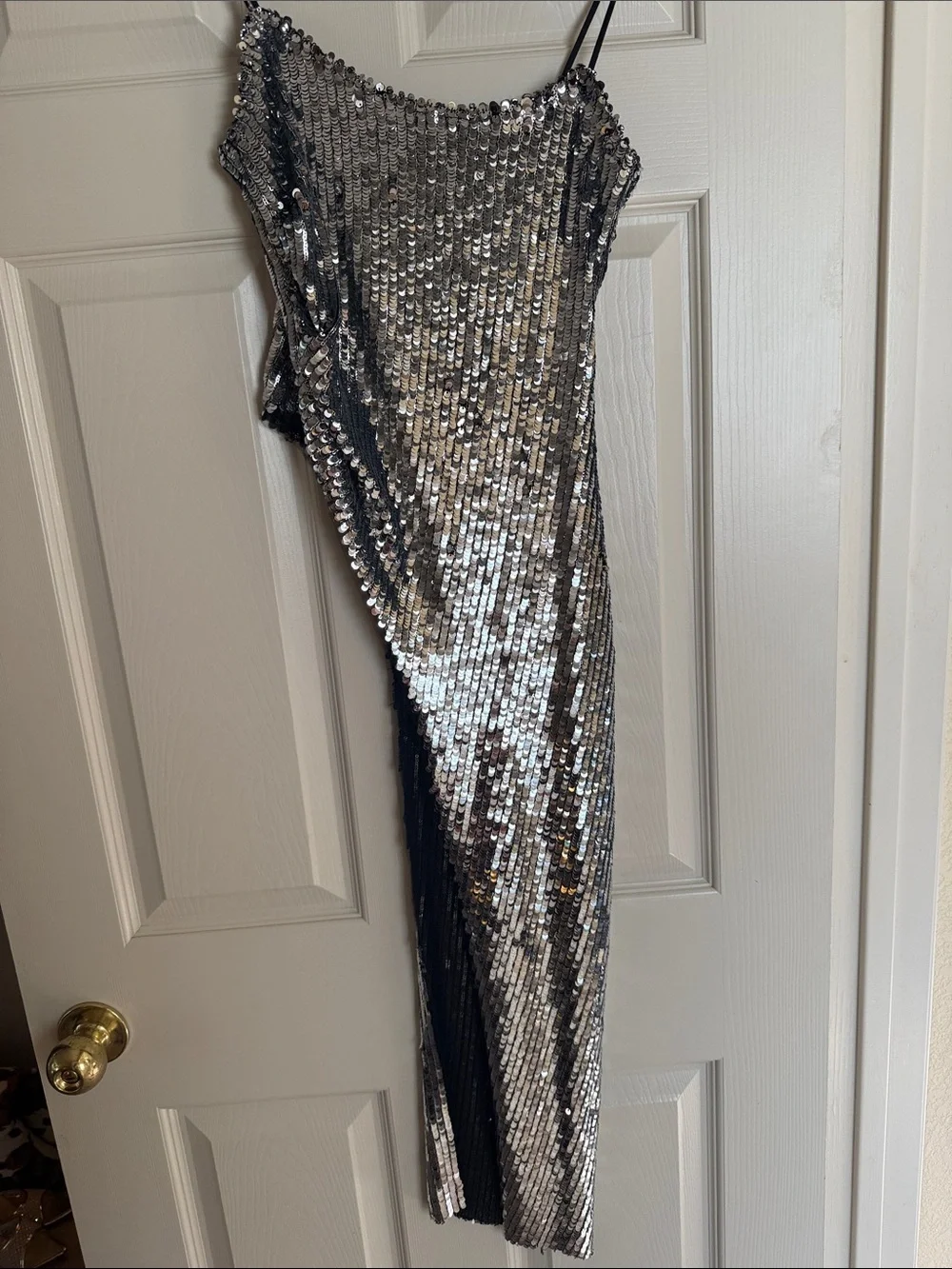 Silver Sequin Asymmetric Slip Top with Spaghetti Straps - Picture 2 of 6